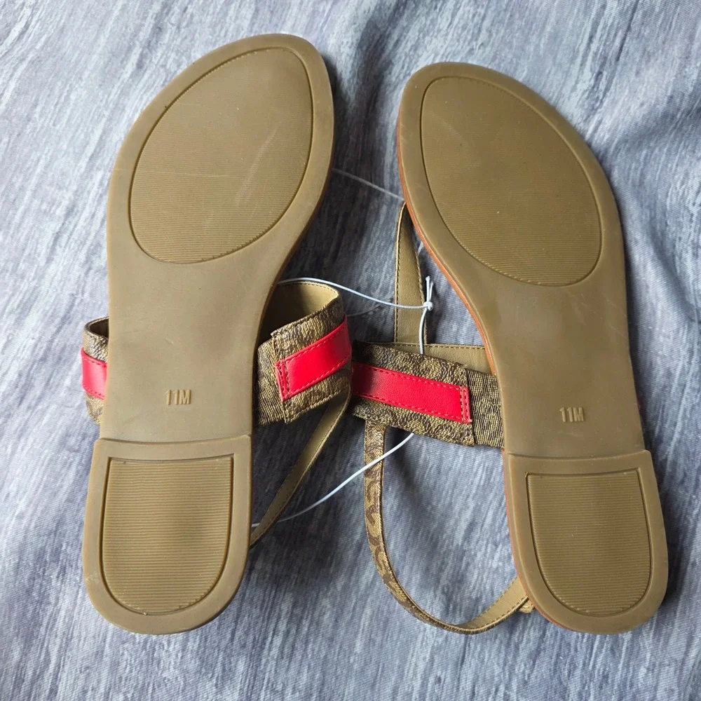 GBG‎ Los Angeles Women's Gold Tan Monogram Red Accent Thong Sandals Size 11M